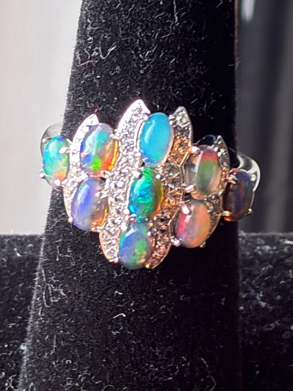 Sterling Silver Black Fire Opal Cluster Ring in Green-Blue Fire - Picture 3 of 9